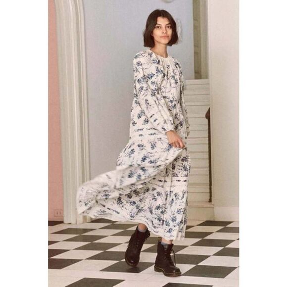 THE GREAT. The Hideaway lace-trimmed floral-print cotton midi dress XS - Picture 1 of 12